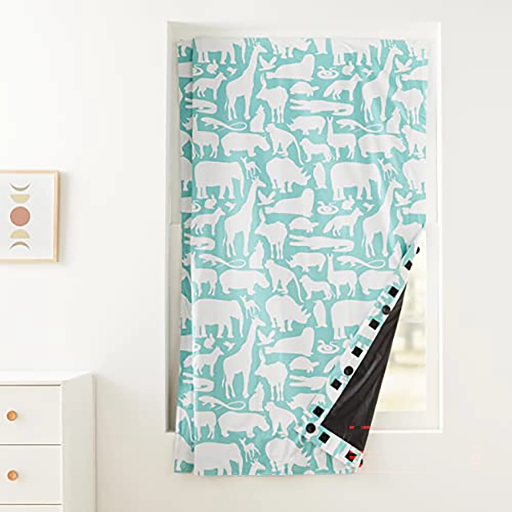 Portable Kids Travel Blackout Curtain Shade with Suction Cups, Teal Zoo