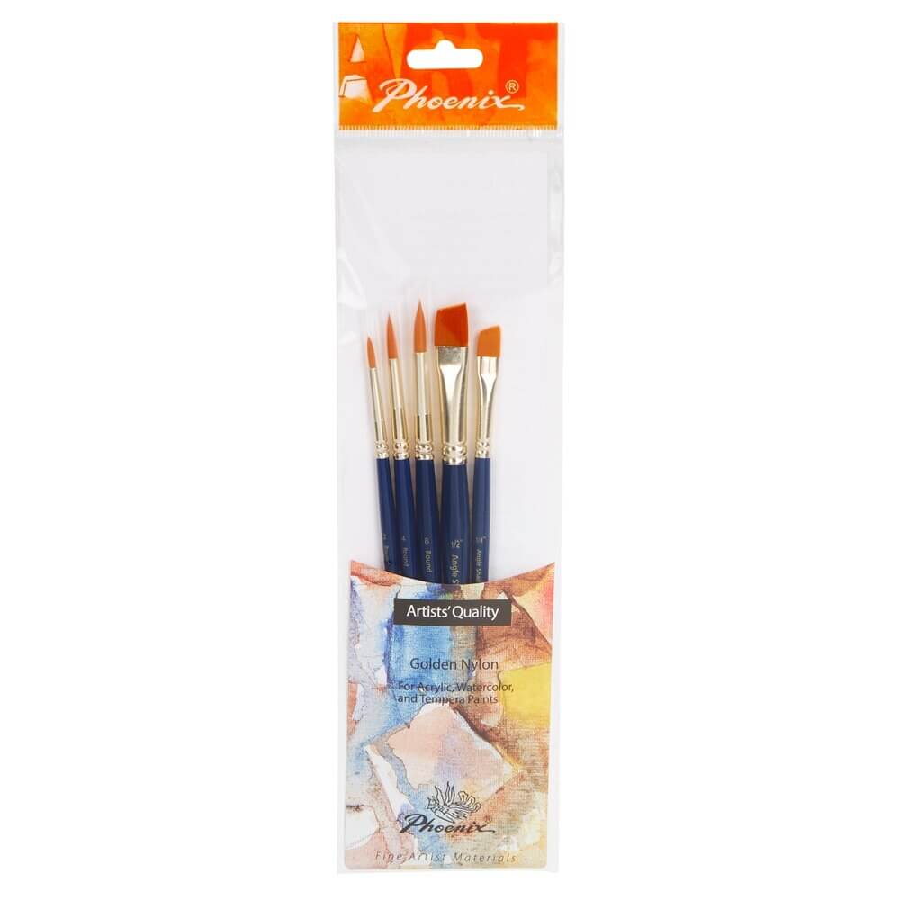 Phoenix Artists' Quality Golden Nylon Brushes, 5 Count