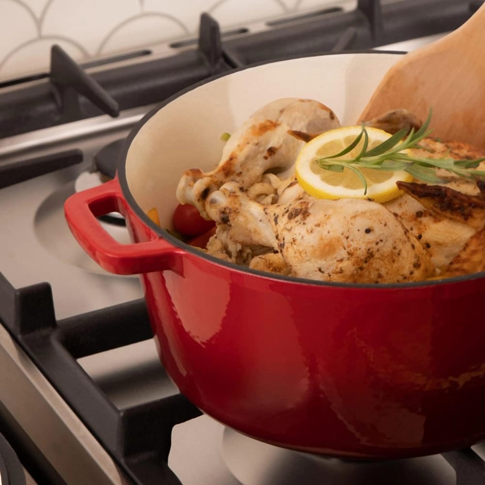 Bruntmor 5 Quart 2-in-1 Cast Iron Dutch Oven with Handles, Red