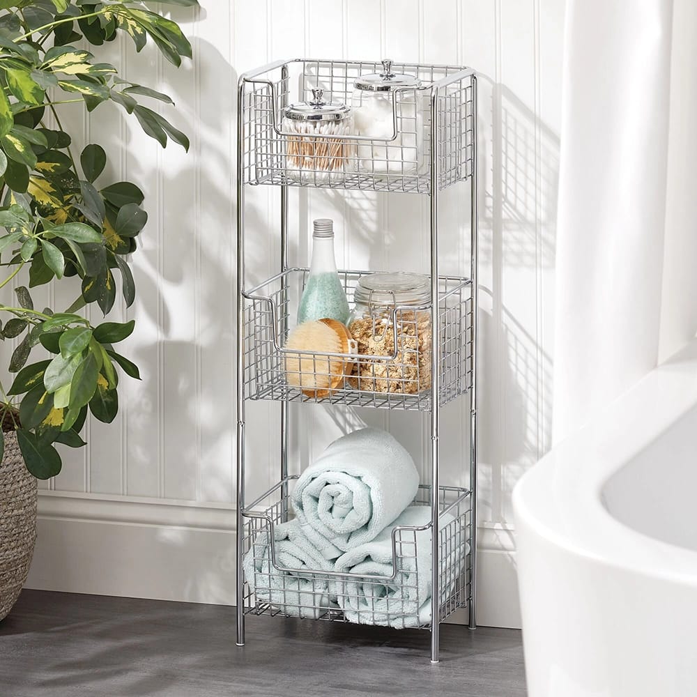 mDesign Steel Freestanding 3-Tier Storage Tower, Chrome