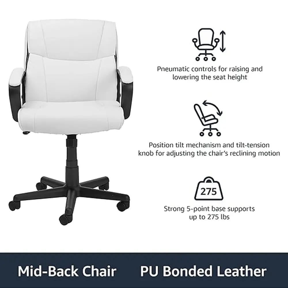 Mid-Back Padded Office Desk Chair with Armrests, White