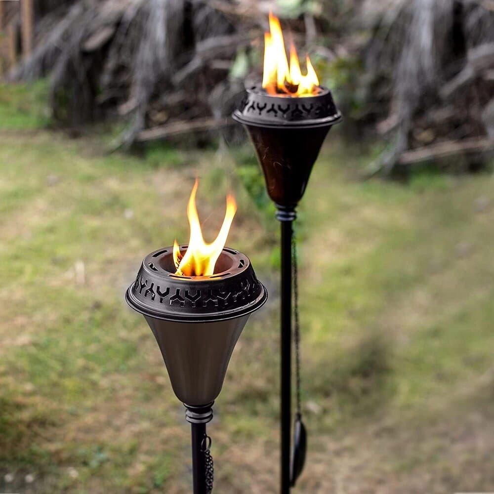 60" Large Flame Garden Torch with Snuffer & Wick, 2 Pack, Black/Brown