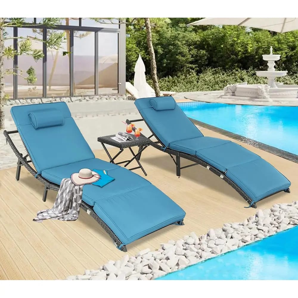 Patio Chaise Lounge Chairs Set, Peacock Blue, Set of 3