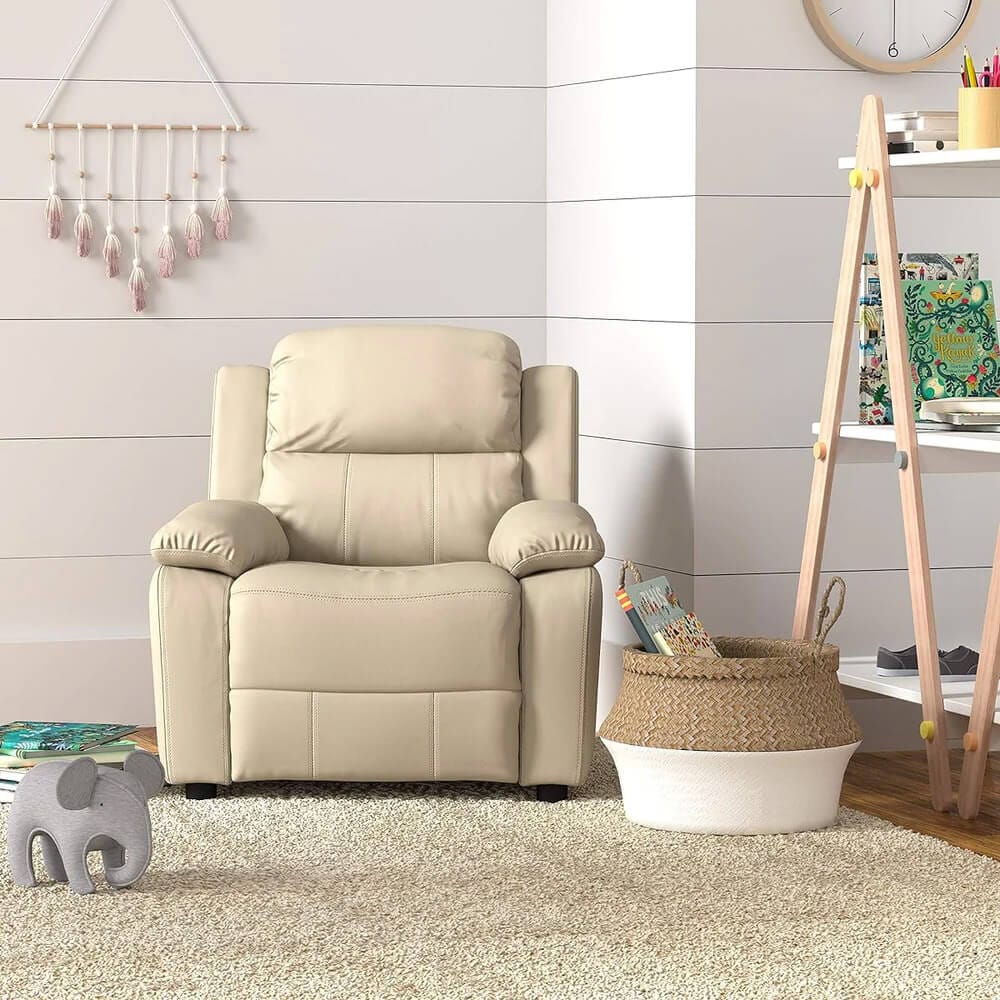 Faux Leather Youth Recliner with Armrest Storage, Beige