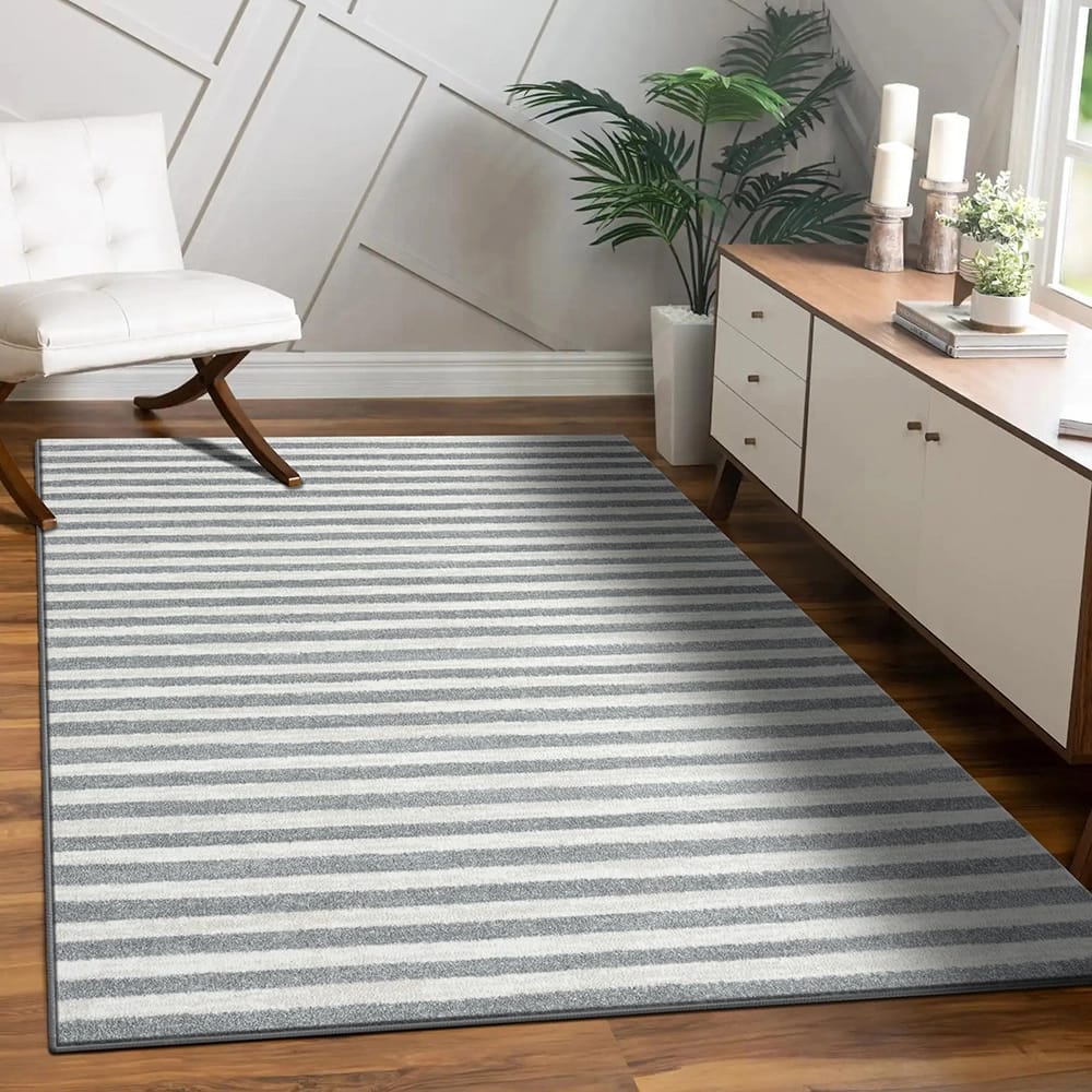 Daphnes 8'6" x 12'5" Contemporary Striped Area Rug, Gray/Cream