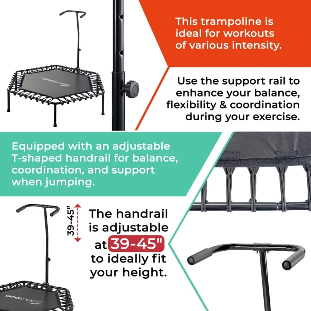 Machrus Upper Bounce Hexagonal Mini Trampoline with Adjustable T-Shaped Handrail, Black, 40"