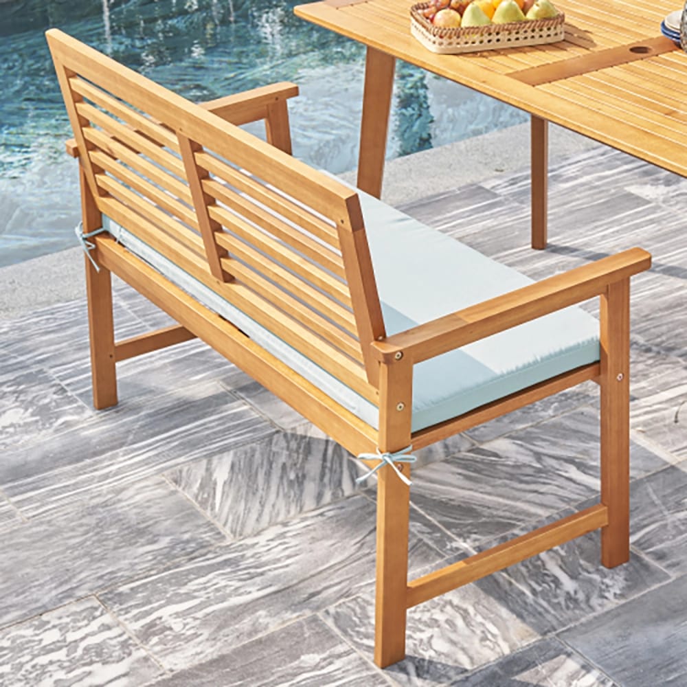 Waimea Slatted Teak Garden Bench with Cushion, Tan/Light Blue