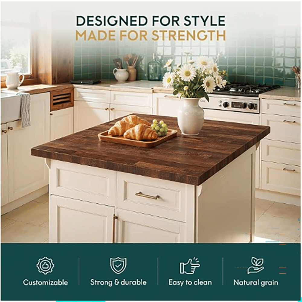 Bme Hevea Solid Wood Butcher Block Table Top, Walnut, 3'