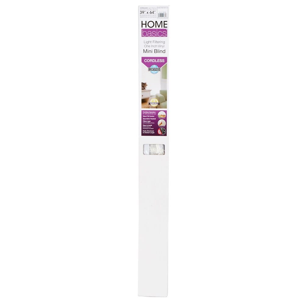 Home Basics Cordless Light Filtering Mini Blinds, White, 39" x 64"