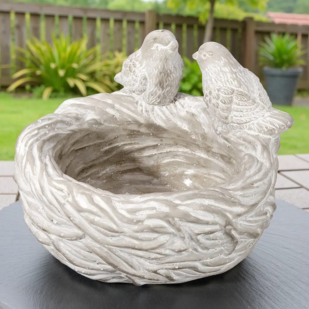 Birdbath Nest Cement Statue, Gray
