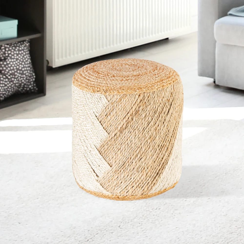 Albany Living Handwoven Jute Ottoman, Tan/White