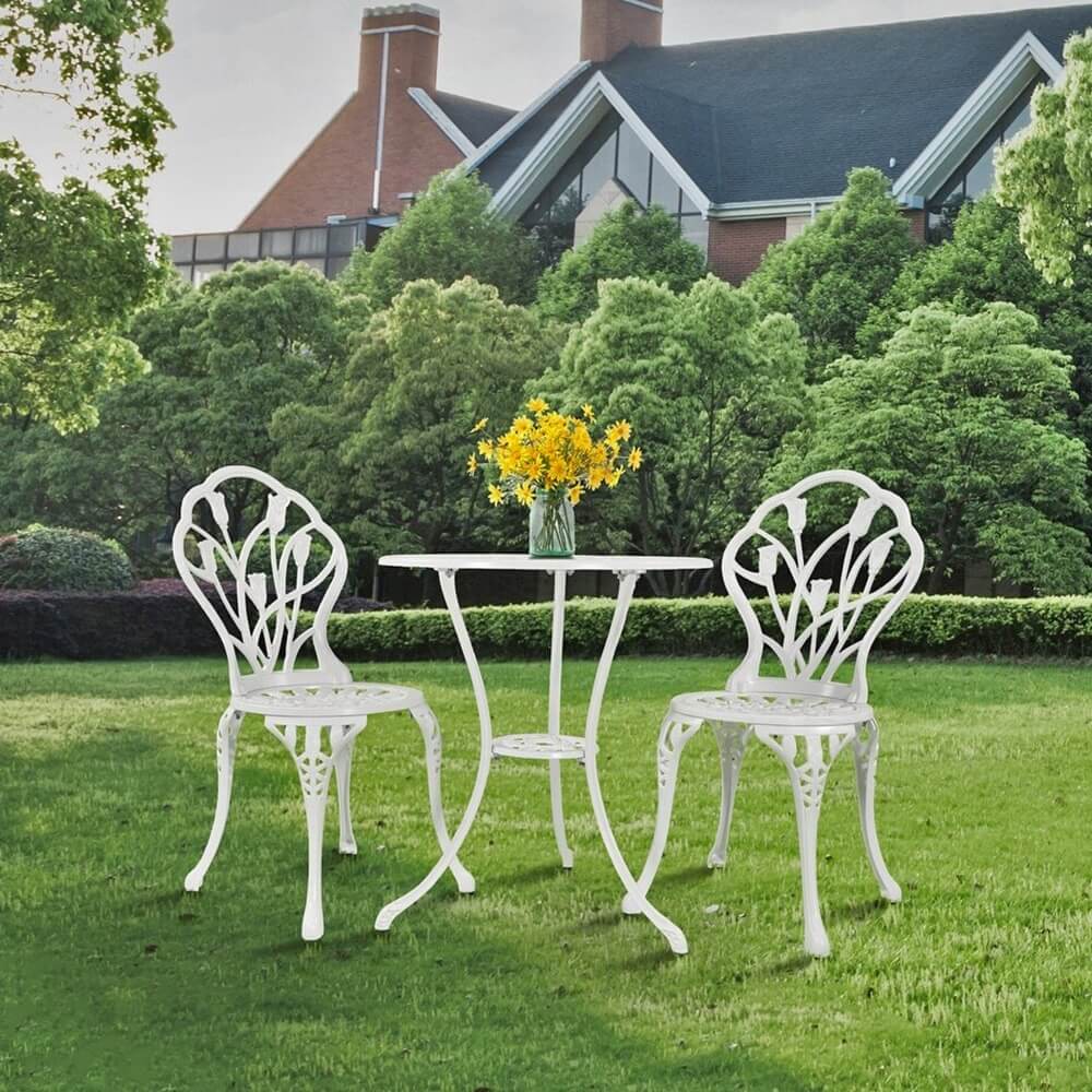 3-Piece Cast Aluminum Outdoor Bistro Set with Tulip Design, White