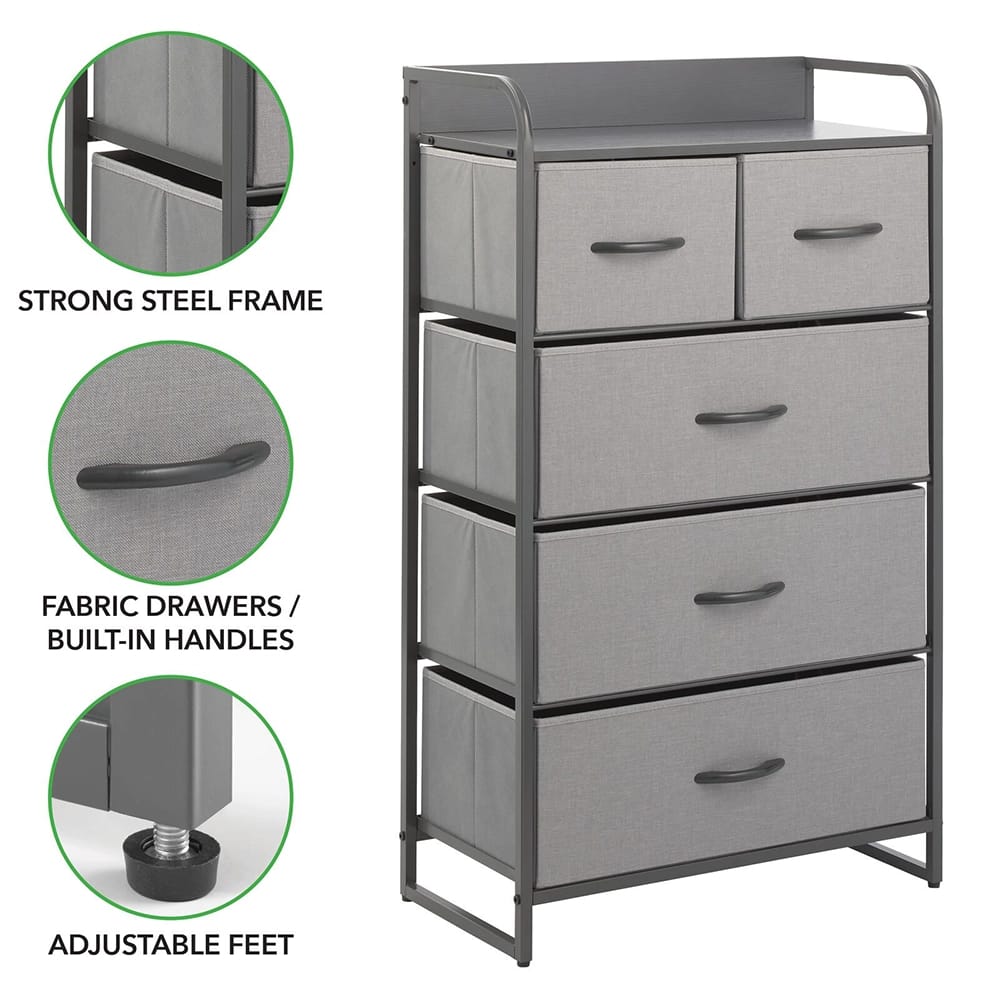 mDesign 5 Drawer Tall Dresser, Gray