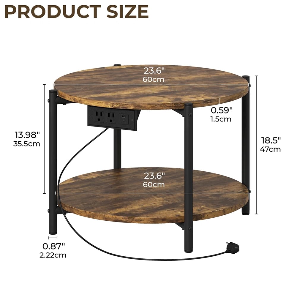 LIKIMIO 23.6" Double-Tiered Round End Tables with Charging Station, Brown, 2 Count