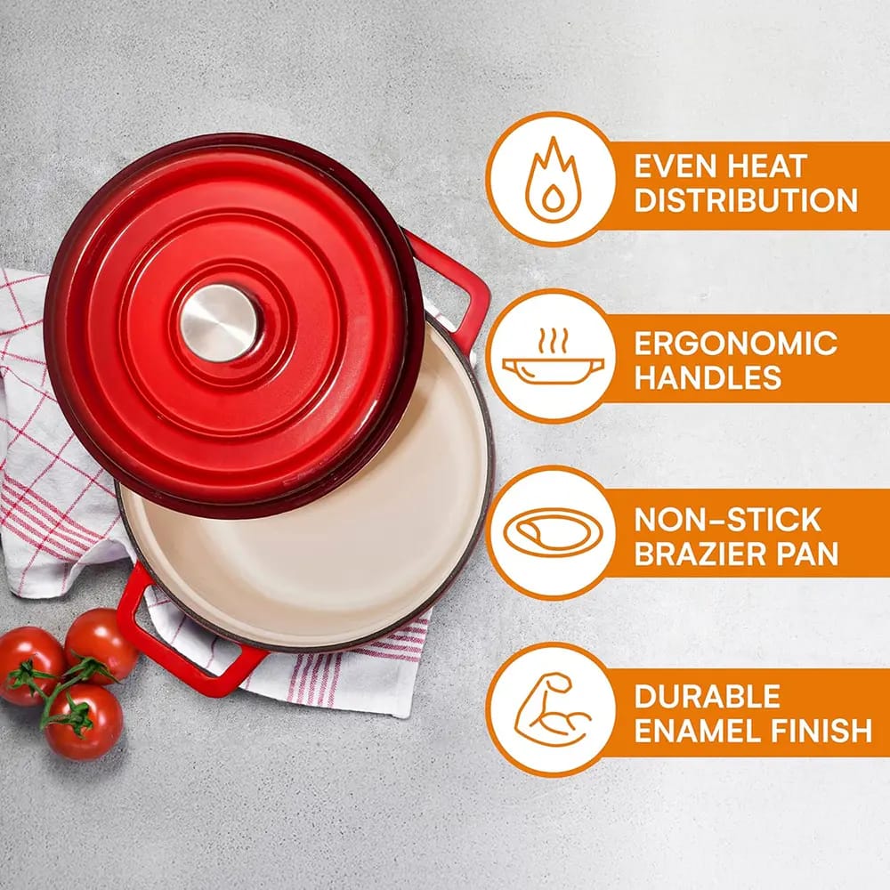 Bruntmor 6.5 qt Cast Iron Dutch Oven Casserole Dish, Red