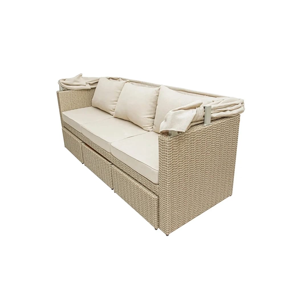 Deko Living Outdoor Wicker Patio Sofa with Canopy and Ottoman Set, Beige