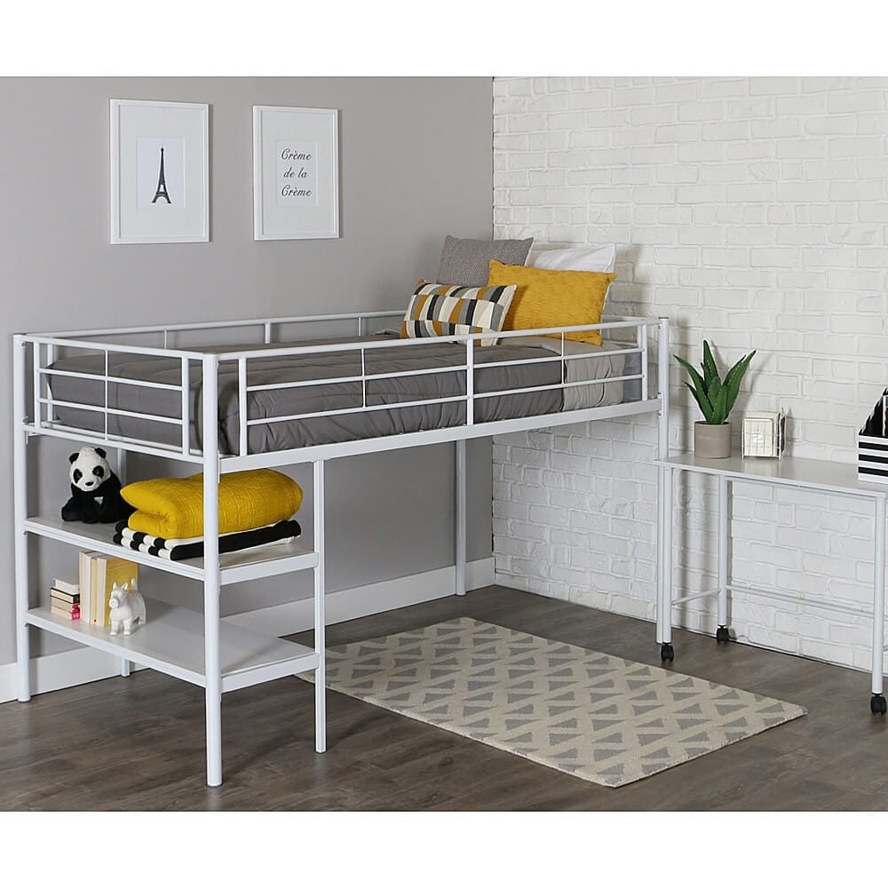 Walker Edison Low Loft Bed with 2 Shelves & Rolling Desk, Twin, White