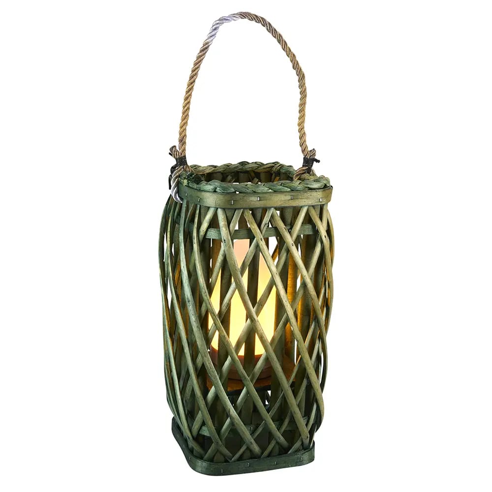 Barbara King Square Wicker Lantern With Remote, Green, 12"
