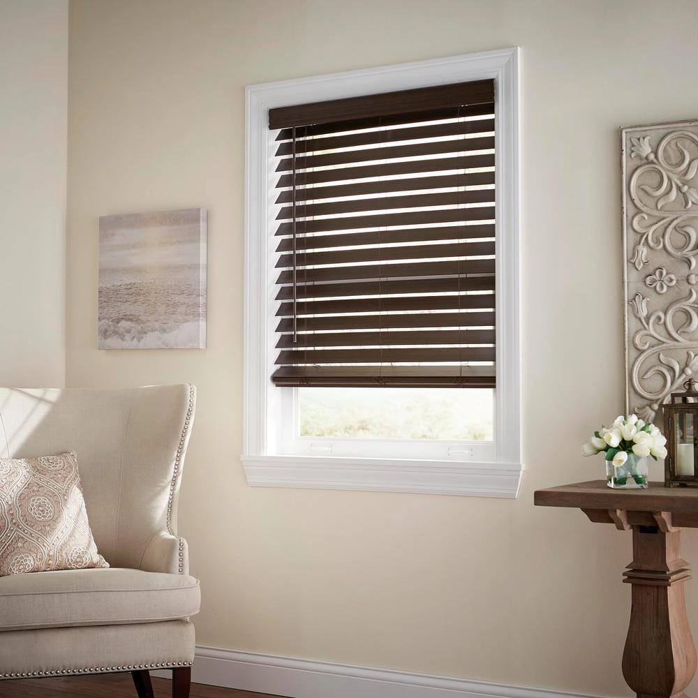 Cordless Premium Faux Wood Blinds with 2.5" Slats, Espresso, 42" x 64"