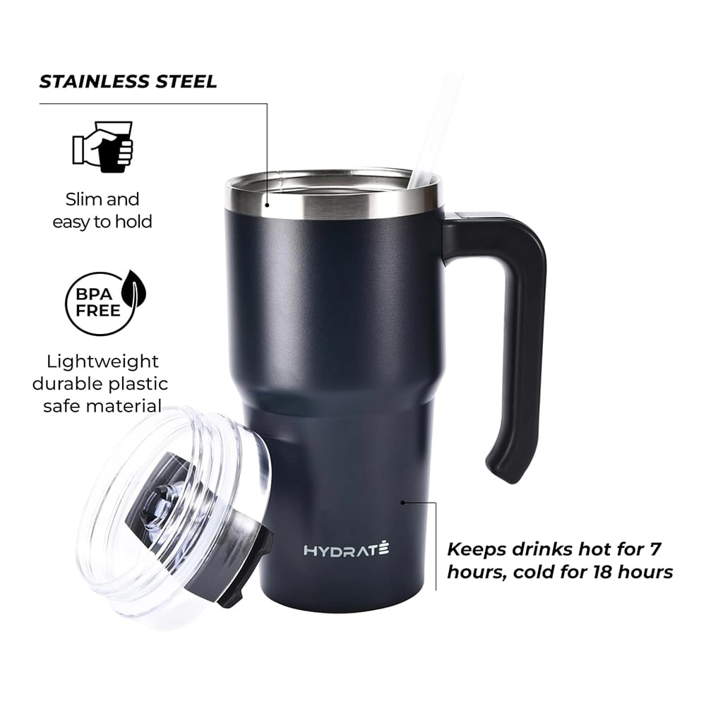 HYDRATE 20 oz Travel Tumbler with Handle, Black