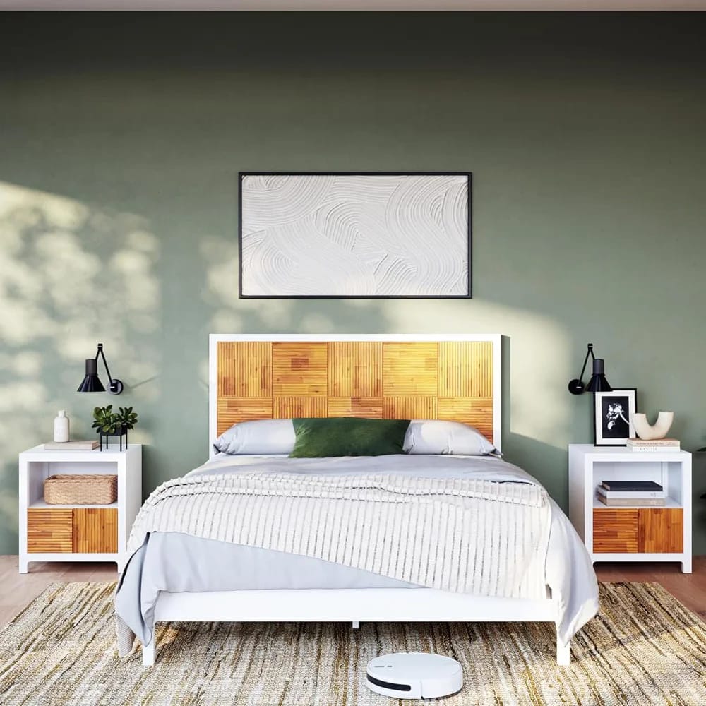 Bme Madia Solid Wood 1-Drawer Nightstand, Ivory/Teak