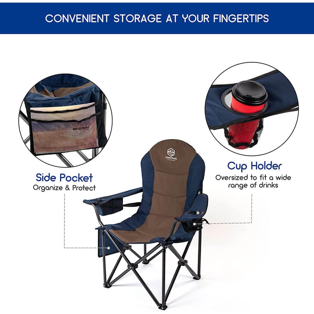 Coastrail Outdoor Oversized Camping Chair with Cooler Bag & Cup Holder, Blue/Brown