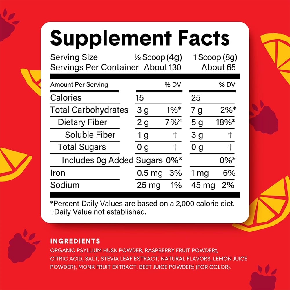 Bellway Psyllium Husk Powder Fiber Supplement, Raspberry Lemon, 18oz