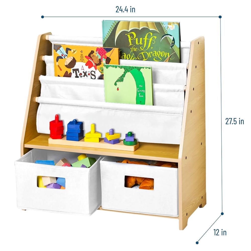 Wildkin Kids Canvas Bookshelf with Storage, Natural/White