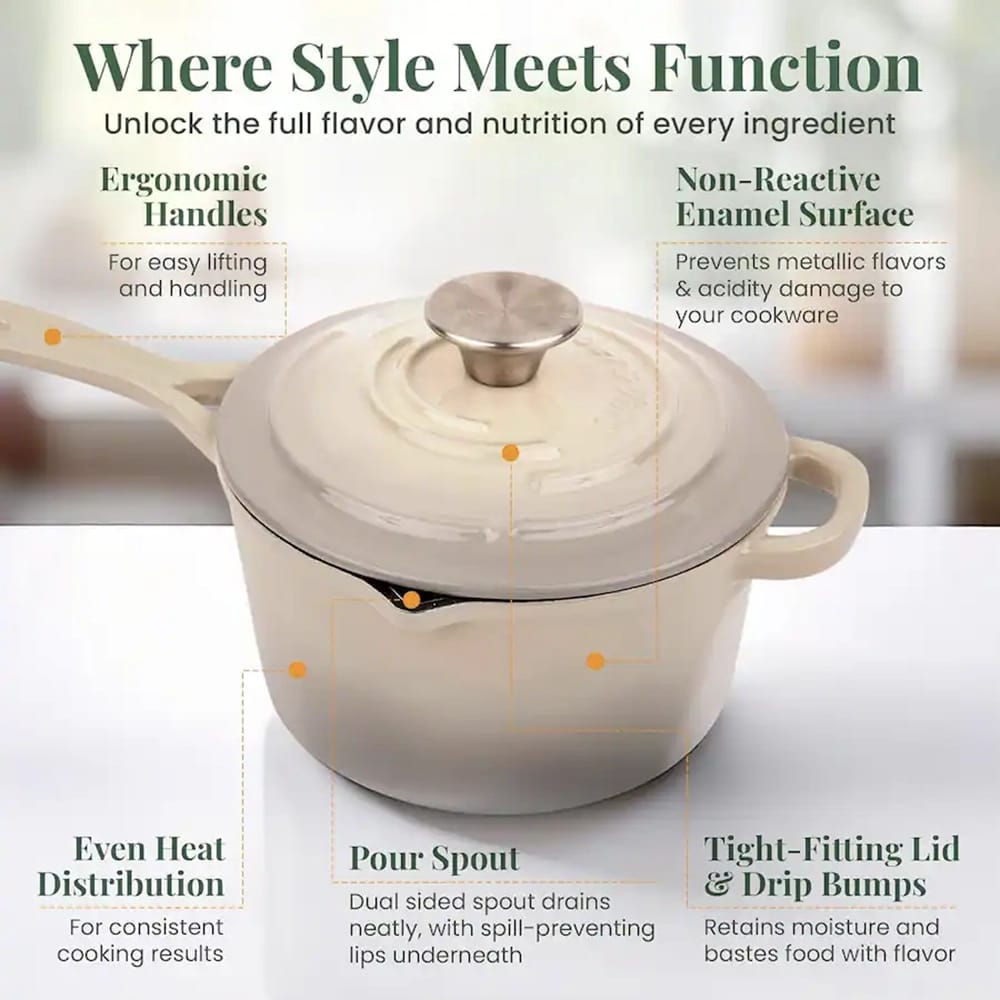 Larder & Vine 2.2 Qt Enameled Cast Iron Saucepan with Lid, Stone