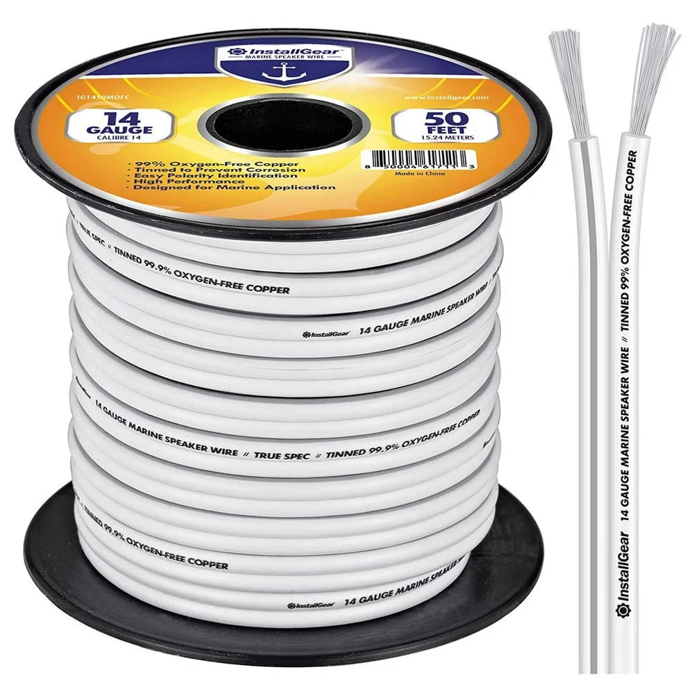 InstallGear 14 Gauge Tinned OFC Speaker Wire Cable, White, 50 ft