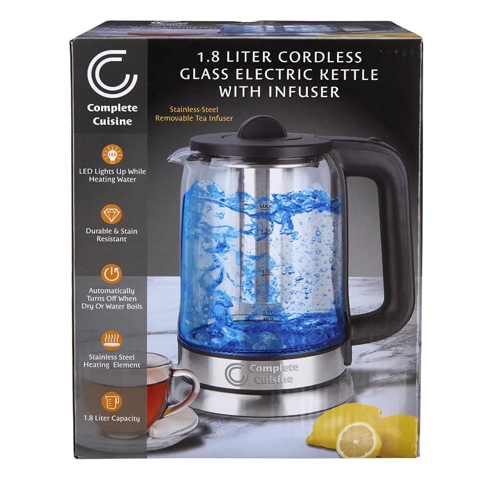 Complete Cuisine 1.8L Cordless Glass Electric Kettle with Infuser