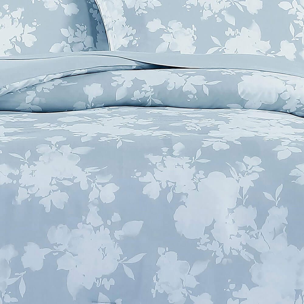 WellBeing by Sunham Luxurious Blend 3-Piece Floral Printed Comforter Set, Full/Queen, Chambray
