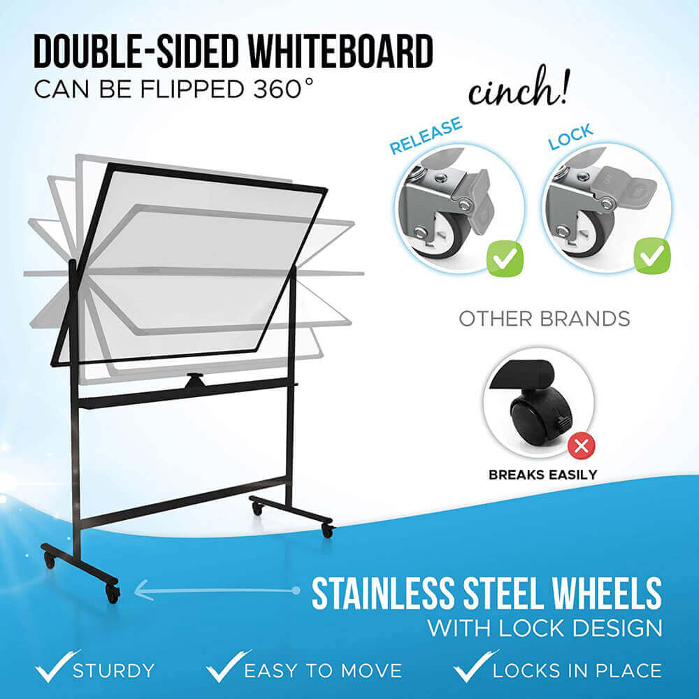 Cinch! Large Mobile Rolling Whiteboard on Wheels, 48" x 36", Black