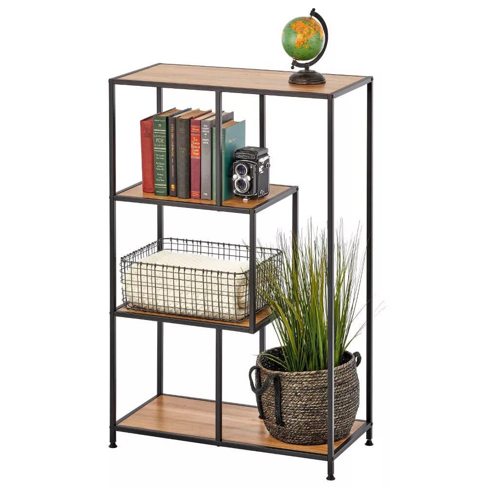 mDesign Mid-Century 4-Tier Storage Bookshelf, Black/Nordic Walnut