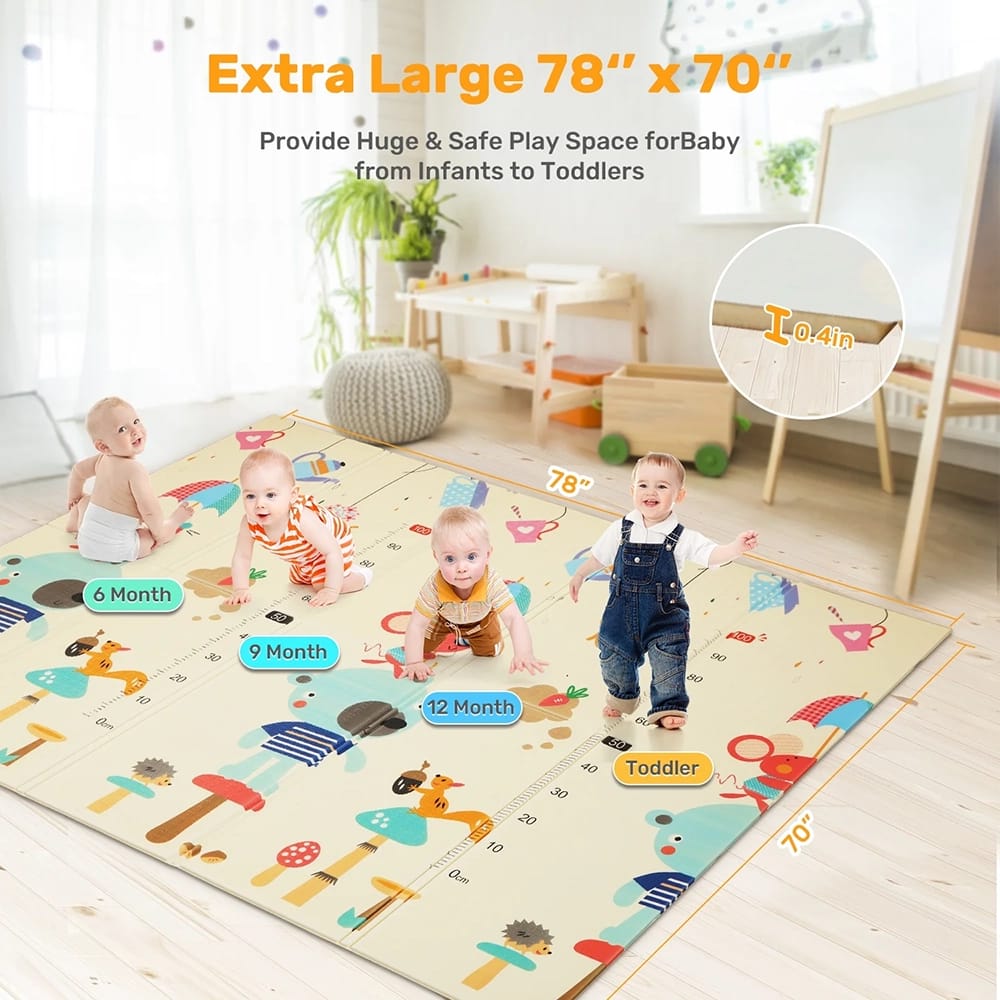 Foldable Baby Crawling Play Mat, Cartoon Bear Pattern, 77" x 70"