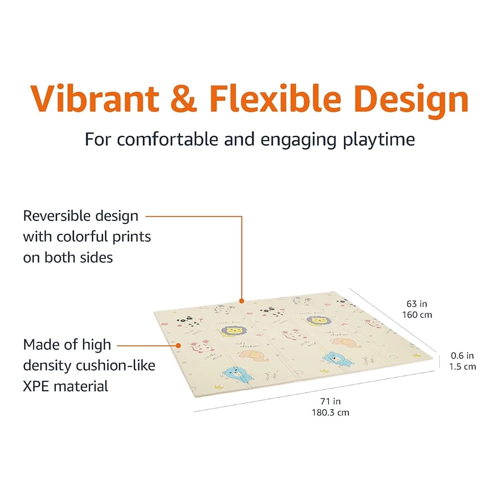 Foldable Baby Crawling Play Mat, Cartoon Elephant Pattern, 71" x 63"