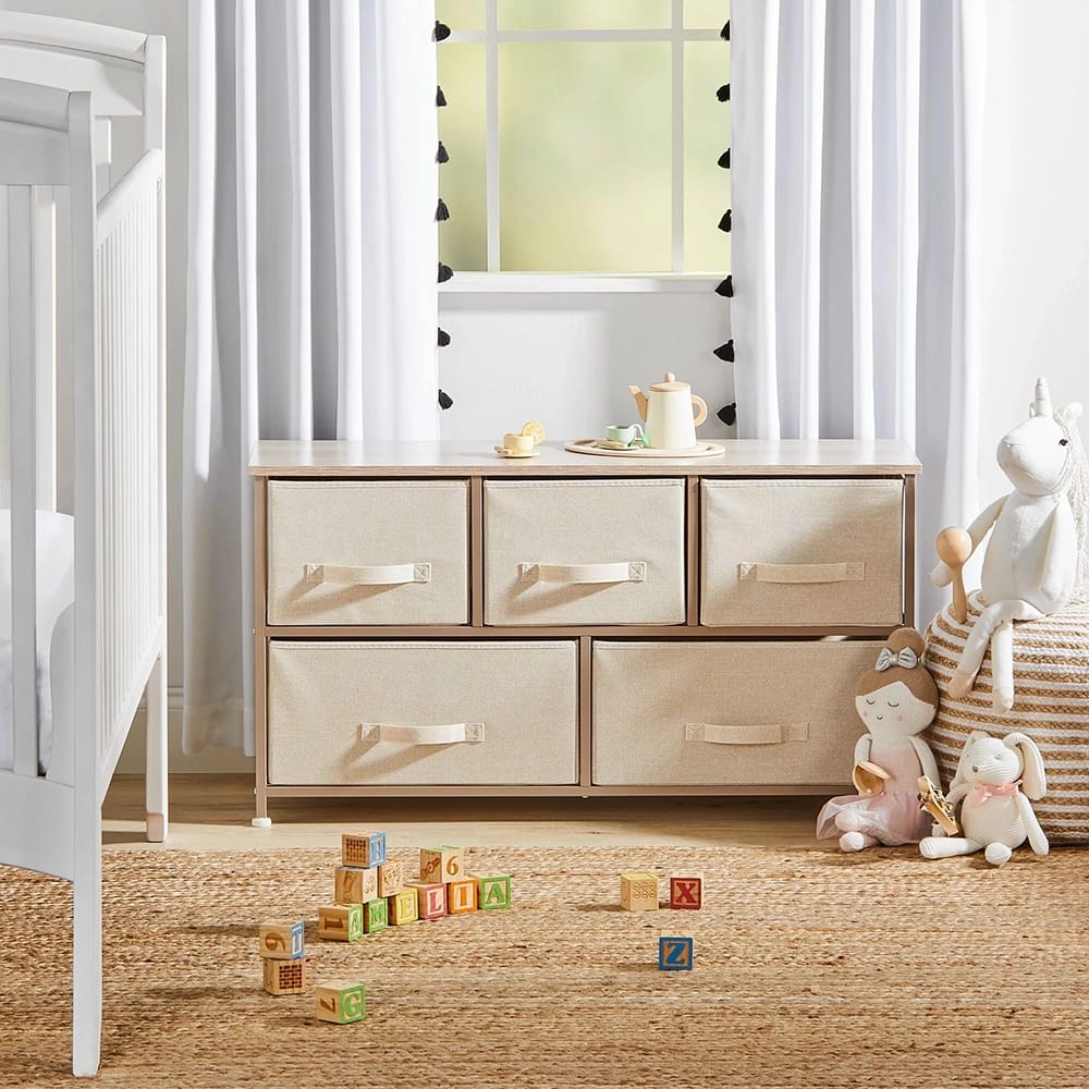 mDesign 5 Drawer Storage Dresser Furniture, Cream/Gold