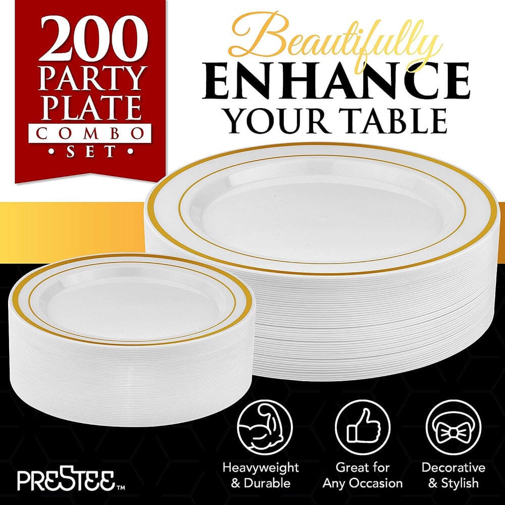 Prestee 200-Piece Party Plate Combo Set, White/Gold