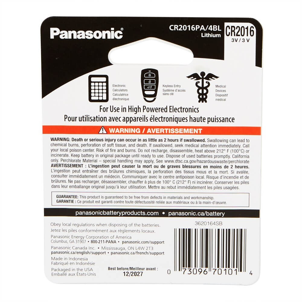 Panasonic Lithium CR2016 Batteries, 4-Count