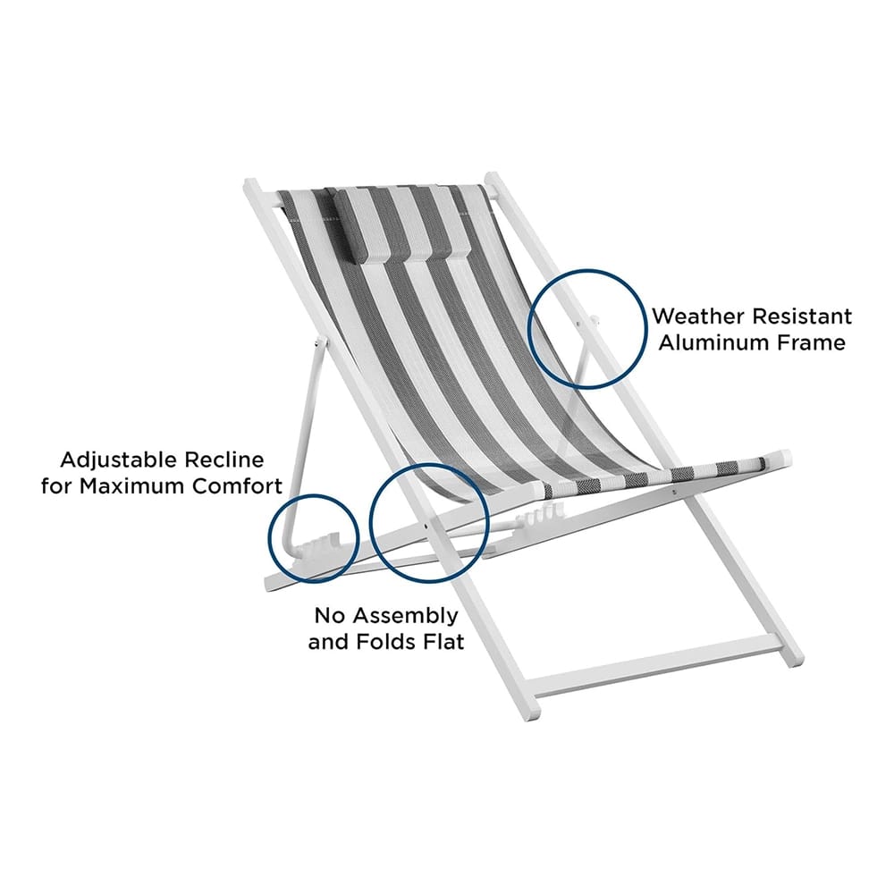 Novogratz Folding Beach Chair, Black/White Stripe, 2 Pack