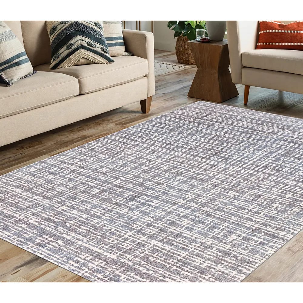 Hazel Collection 9' x 12' Grid Area Rug, Blue, Ivory & Gray