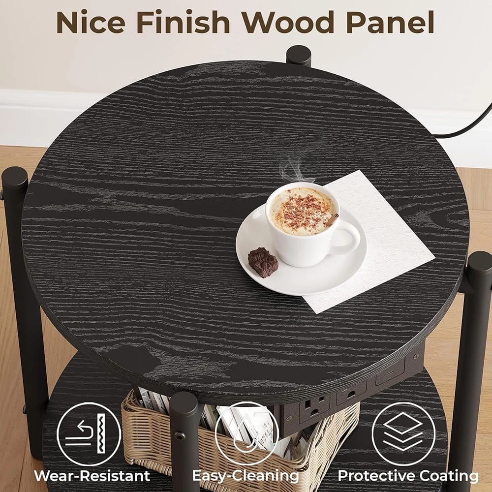 LIKIMIO 15.8" Double-Tiered Round End Tables with Charging Station, Black, 2 Count