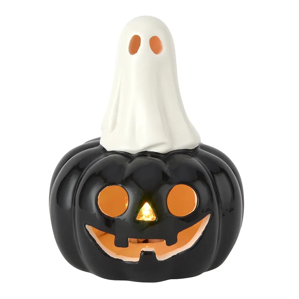 Color-Changing LED Ceramic Pumpkin with Ghost On Top, 5"