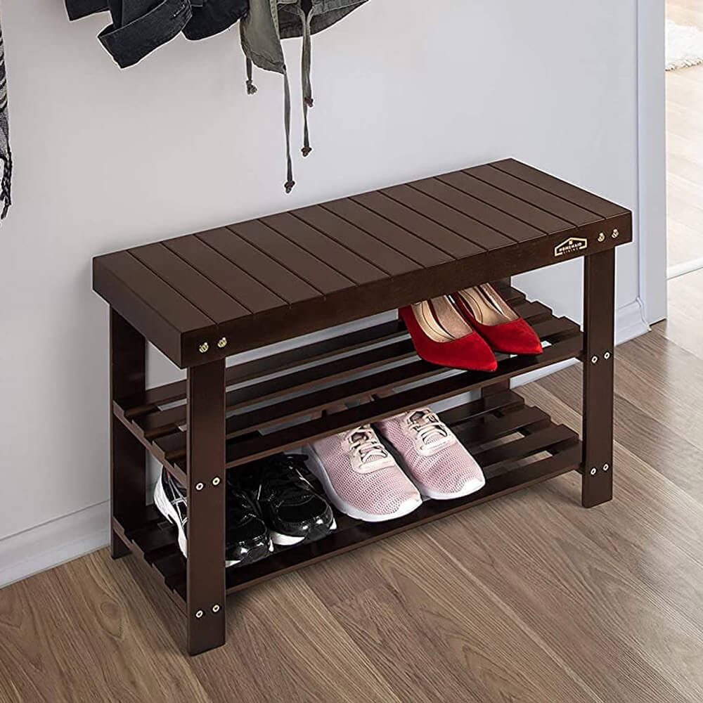 Homemaid Living 3-Tier Bamboo Shoe Rack & Bench, Brown