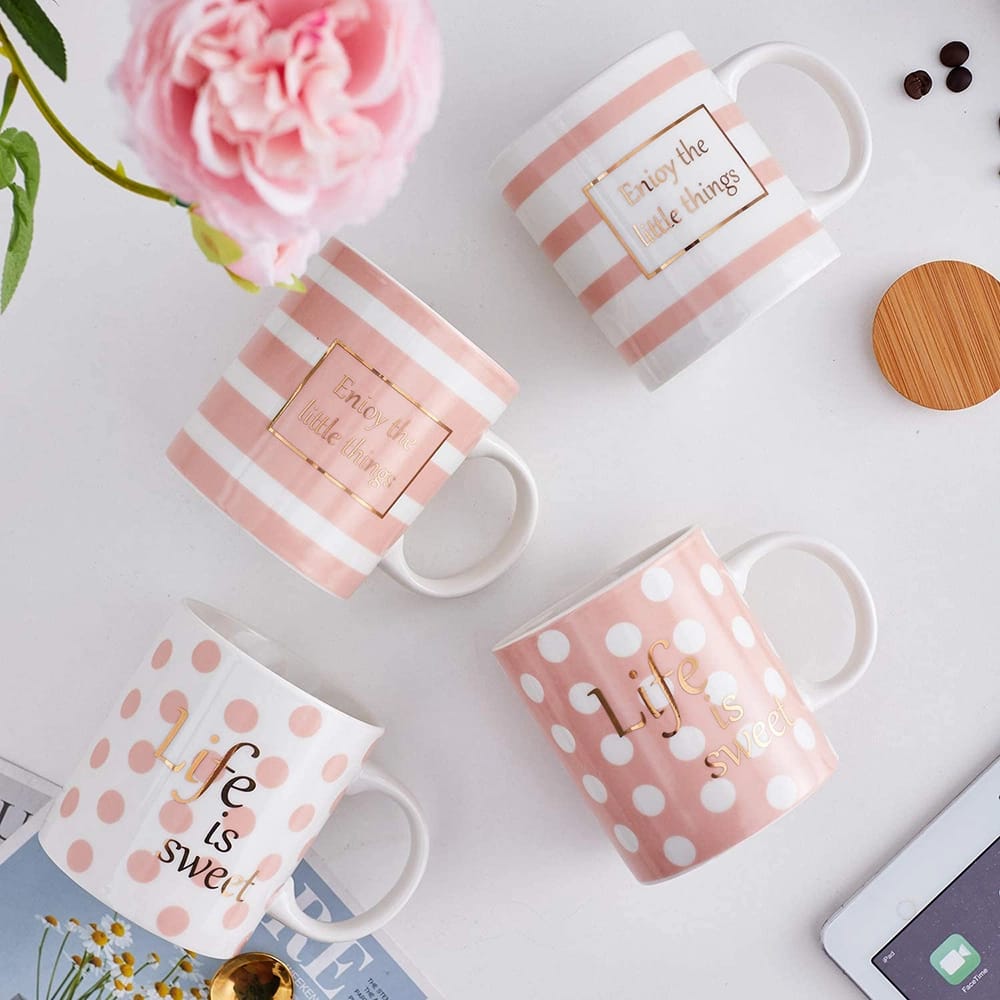 Bruntmor Ceramic Inspirational Coffee Mugs, Pink, Set of 4