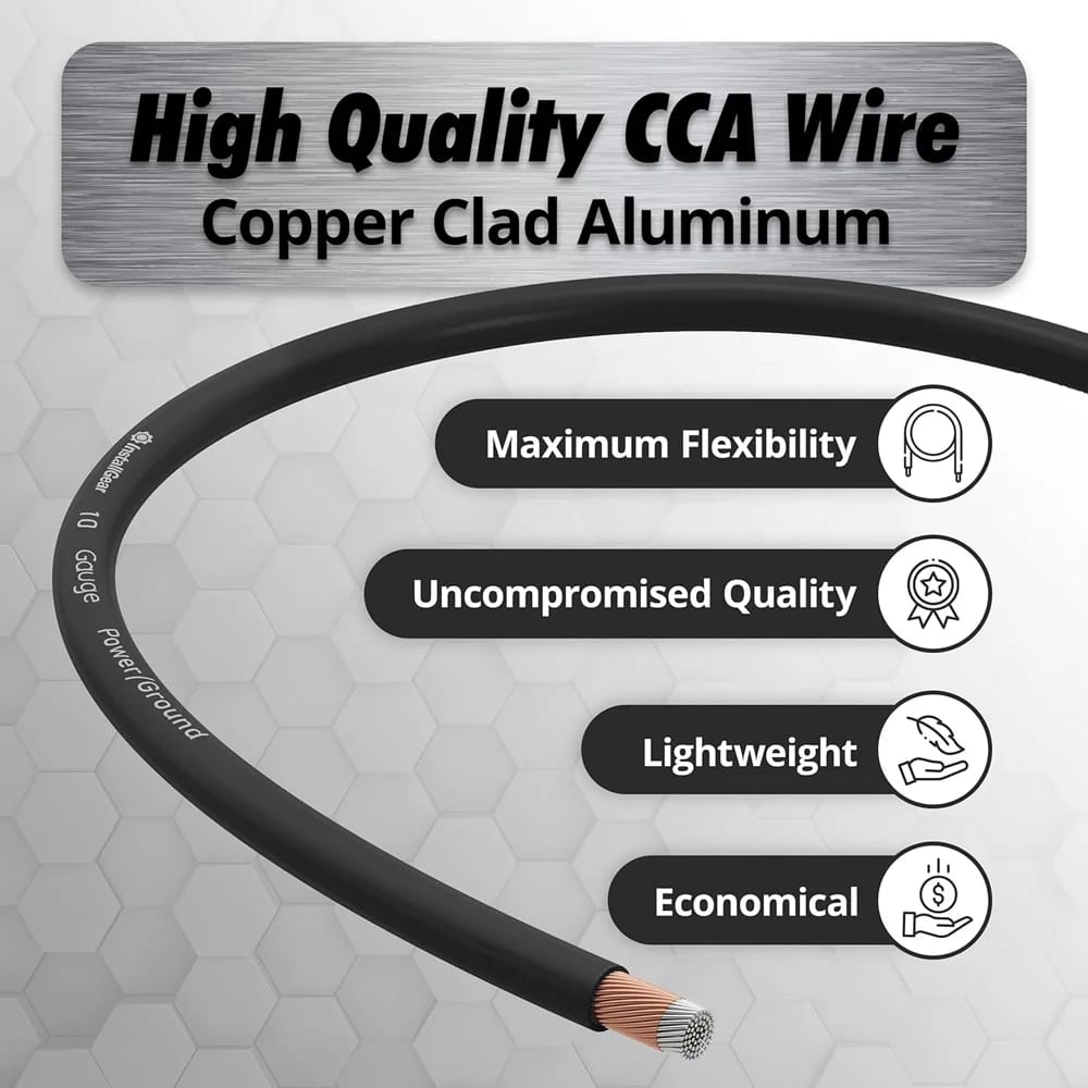 InstallGear 10 Gauge Wire Copper Clad Aluminum Cable, Black, 25 ft