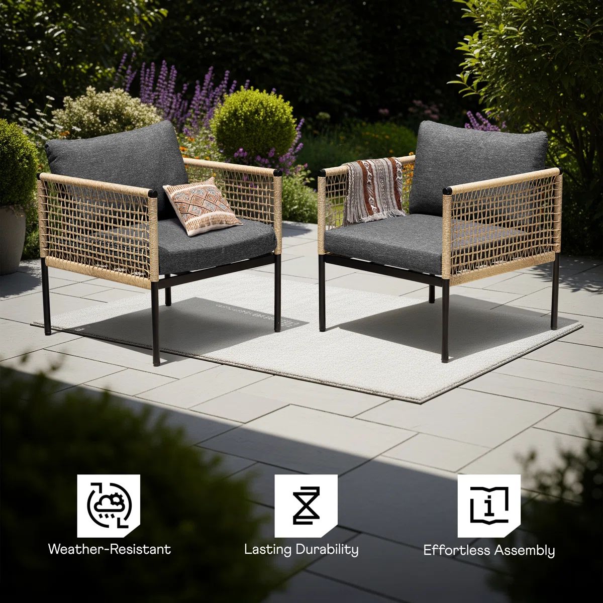 Idzo 2-Piece Oscar Wicker Mix Metal Lounge Chairs, Tan/Gray