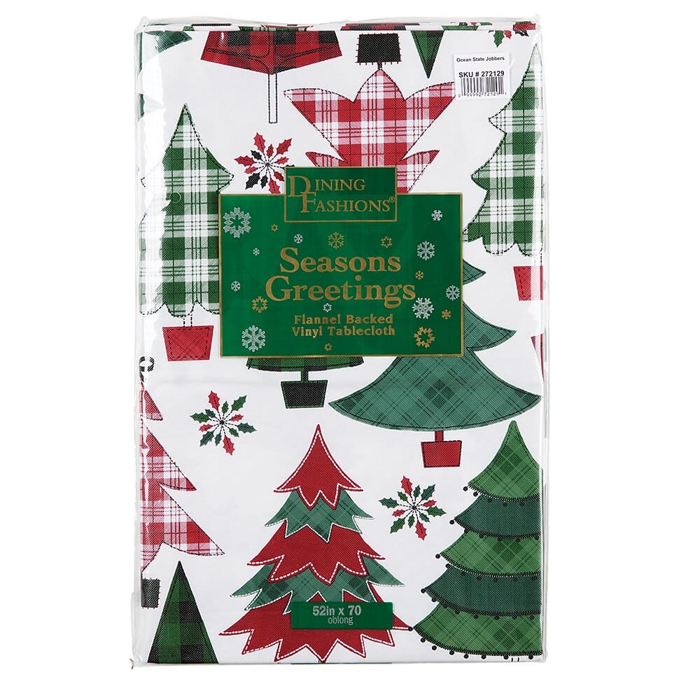 Seasonal Greetings Holiday Vinyl Tablecloth with Flannel Backing