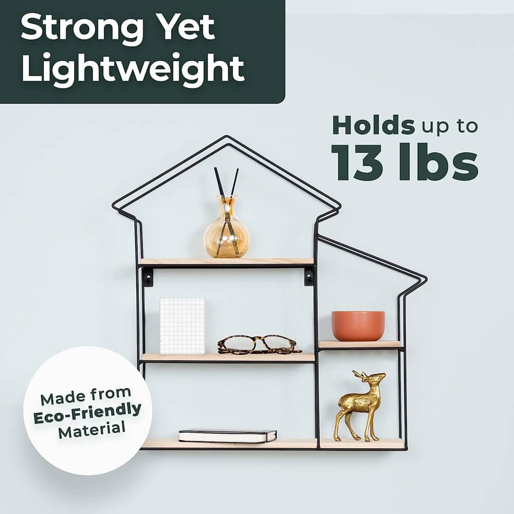 Greenco Natural Geometric House Shaped 3-Tier Floating Shelves, Natural/Black