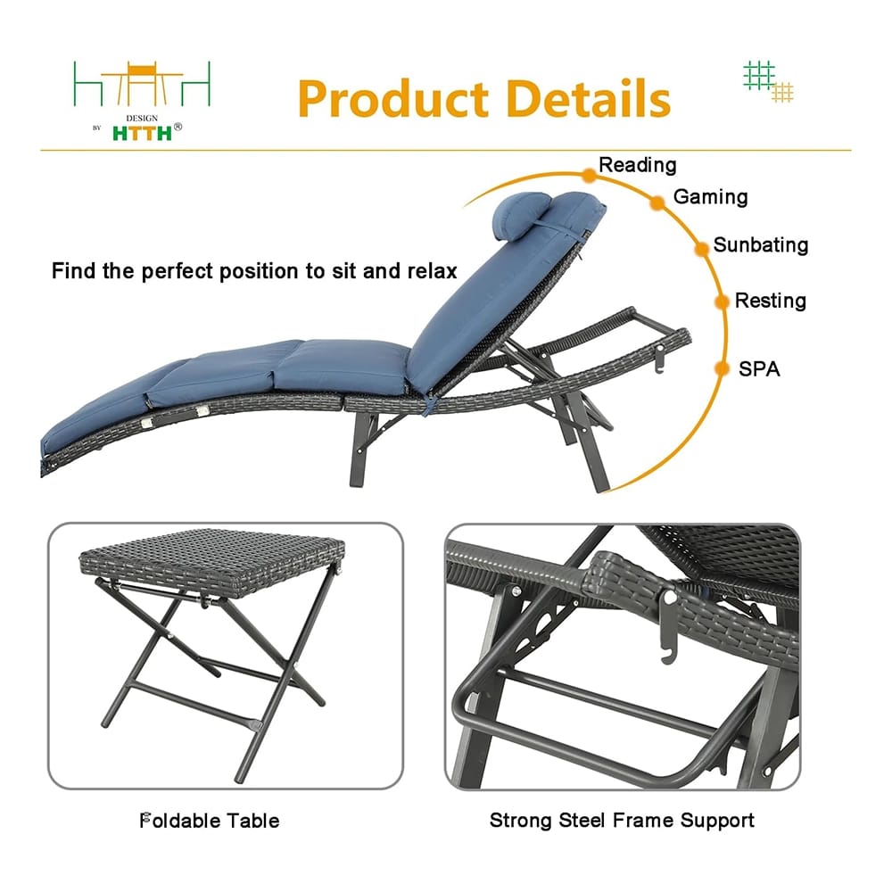 Patio Chaise Lounge Chairs Set, Blue, 3-Piece Set
